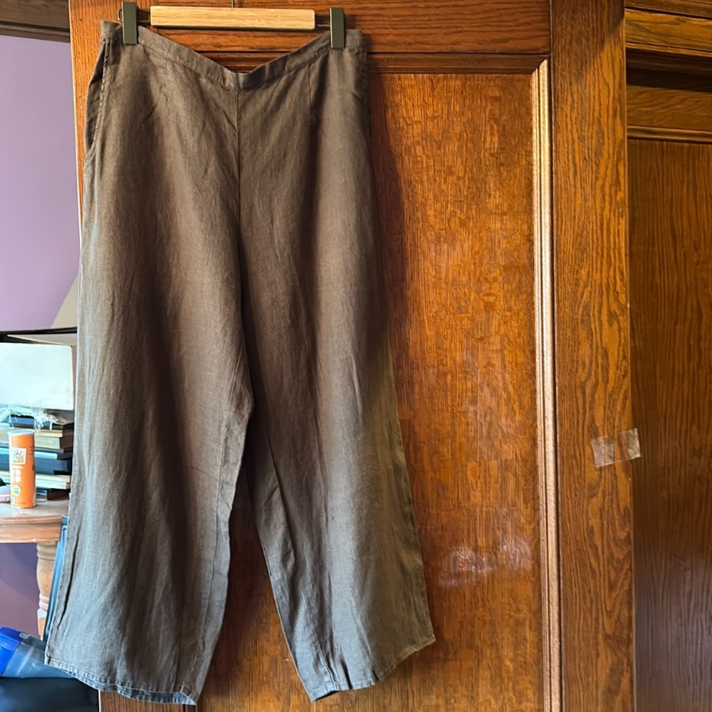 FLAX linen brown flat front Women's wide leg pants